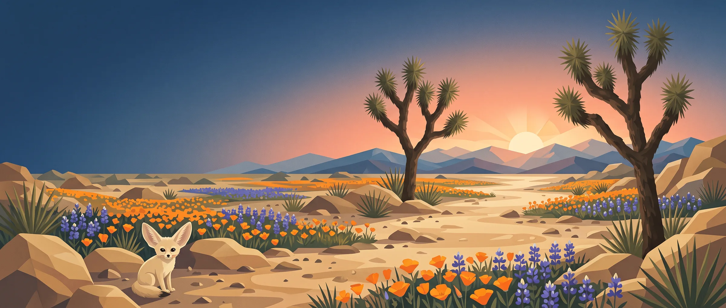 Sunrise over a desert wash full of California poppies and Texas bluebells, Joshua trees, and a fennec fox among the rocks