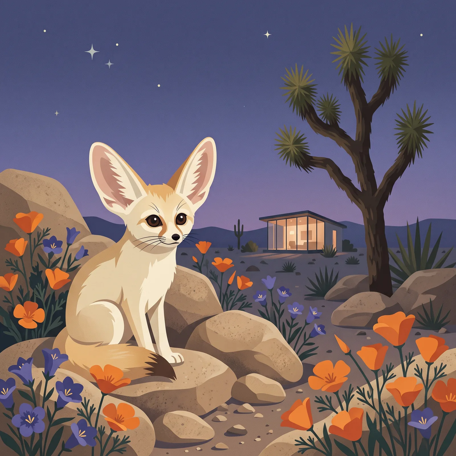 A fennec fox on the rocks among California poppies and Texas bluebells at dusk, the lit house far behind